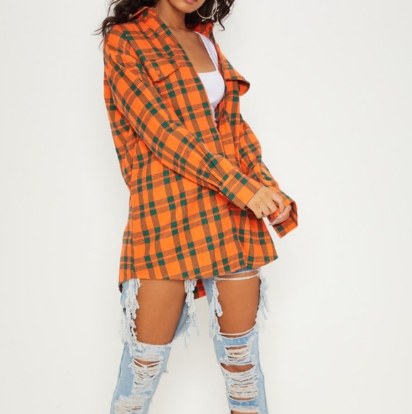 Orange tartan checked oversized shirt Clearance